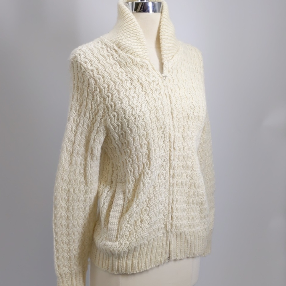 Nanook hand knit? textured ivory wool zippered cardigan-sz S